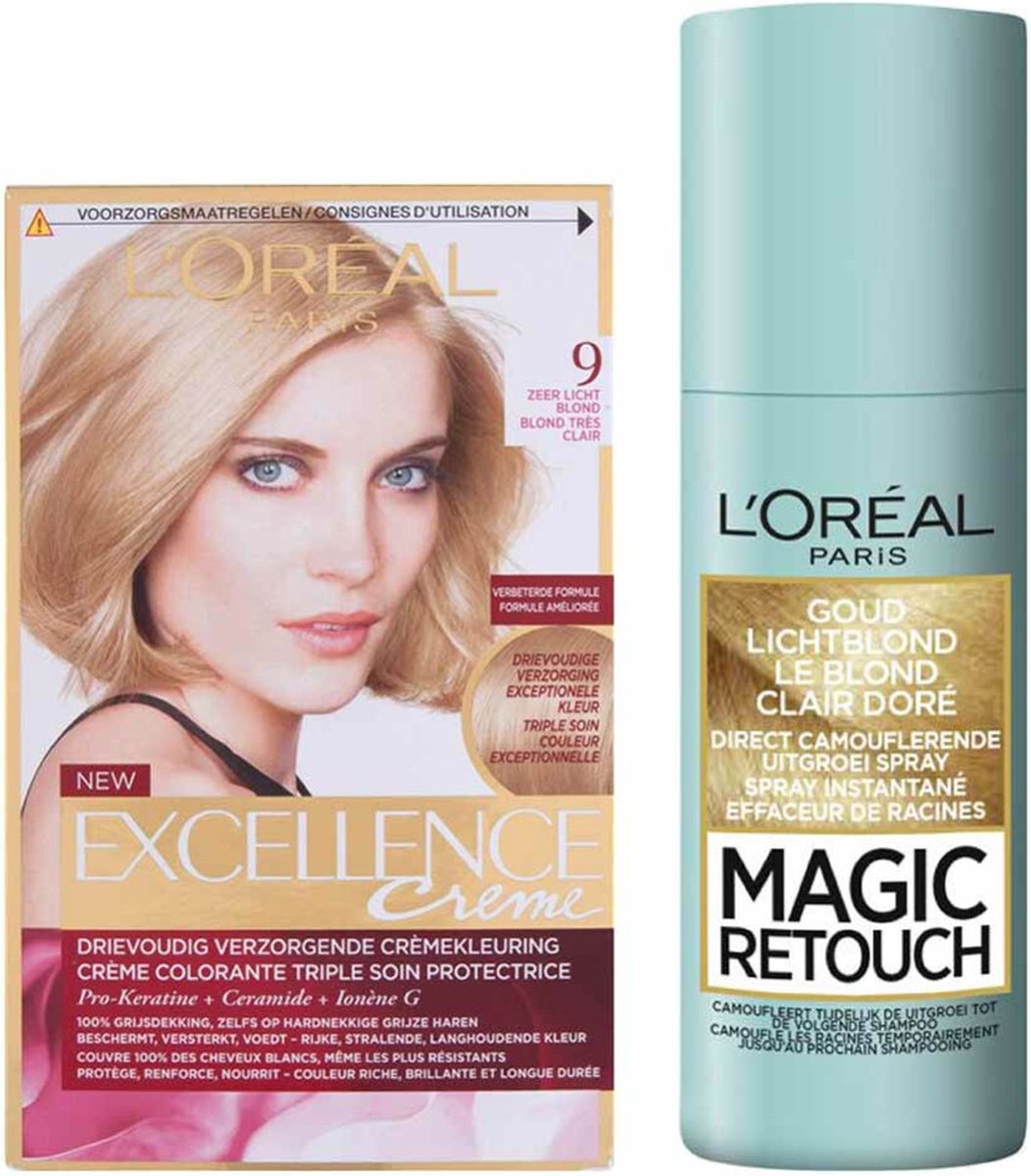 L'Oréal Excellence Creme 9 Zeer Licht Blond + Magic Retouch Uitgroeispray Blond 75 ml Pakket