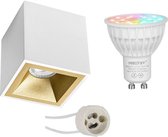 Mi-Light MiBoxer - Opbouwspot Set GU10 - Smart LED - Wifi LED - Slimme LED - 4W - RGB+CCT - Aanpasbare Kleur - Dimbaar - Primux Cliron Pro - Opbouw Vierkant - Mat Wit/Goud - Verdiept - 90mm