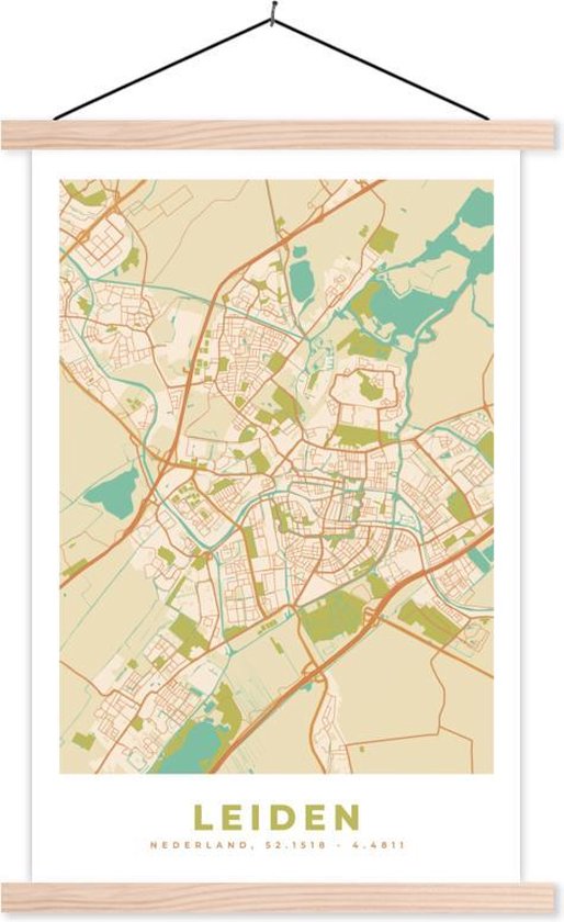 Porte-affiche avec affiche - Affiche scolaire - Plan de la ville - Leiden - Vintage - 60x90 cm - lattes vierges