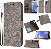 Voor Samsung Galaxy A30s Huid Voelen Reliëf Zonnebloem Horizontale Flip Lederen Case met Houder & Kaartsleuven & Portemonnee & Lanyard (Grijs)