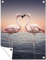 Tuin decoratie Flamingo - Hart - Zee - Romantisch - 30x40 cm - Tuindoek - Buitenposter