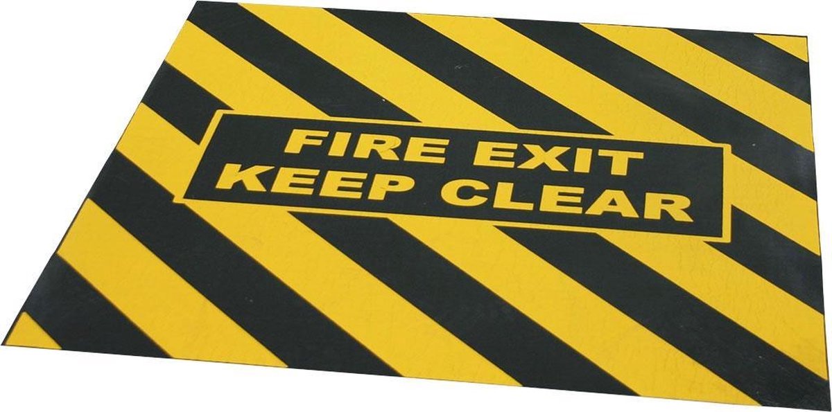 “FIRE EXIT KEEP CLEAR” waarschuwingstape voor nooduitgang - Geel & Zwart - 100 cm x 100 cm x 0,7 mm- Anti-slip - Polyvinylchloride (PVC) - 0,7 mm - Voor binnen
