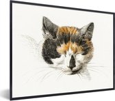 Fotolijst incl. Poster - Kop van een slapende kat - schilderij van Jean Bernard - 80x60 cm - Posterlijst