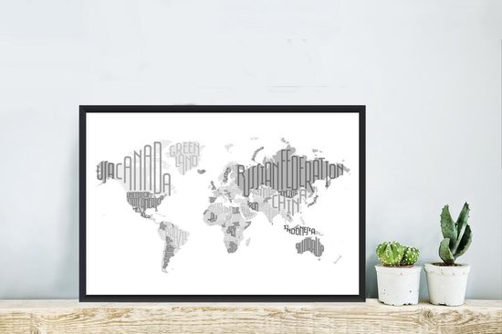 Affiche avec cadre Wereldkaart - Lettres - Grijs - 80x60 cm