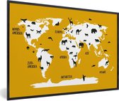 Wereldkaart Kinderen - Dieren - Geel - Schoolplaat - Kinderkamer - 120x80 cm