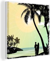 Canvas Schilderij Strand - Zon - Palmboom - Surfen - 20x20 cm - Wanddecoratie