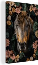 Canvas Schilderij Paard - Bloemen - Bladeren - 40x60 cm - Wanddecoratie