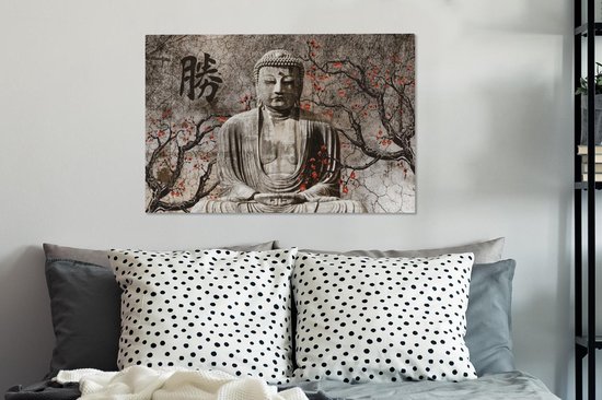 Peintures sur toile Bouddha - Statue - Arbre - 90x60 cm - Décoration murale