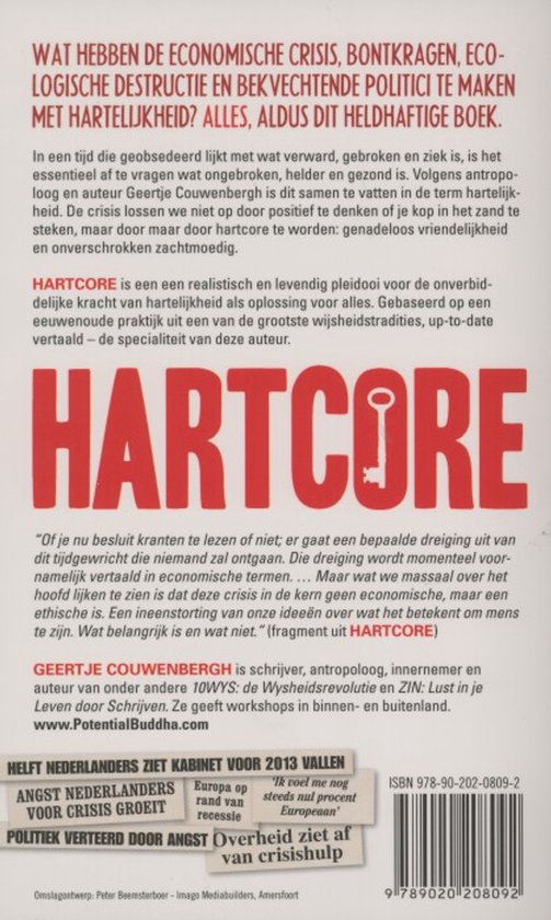 Achterkant van het boek 'Hartcore' met een sleutel-icoon.