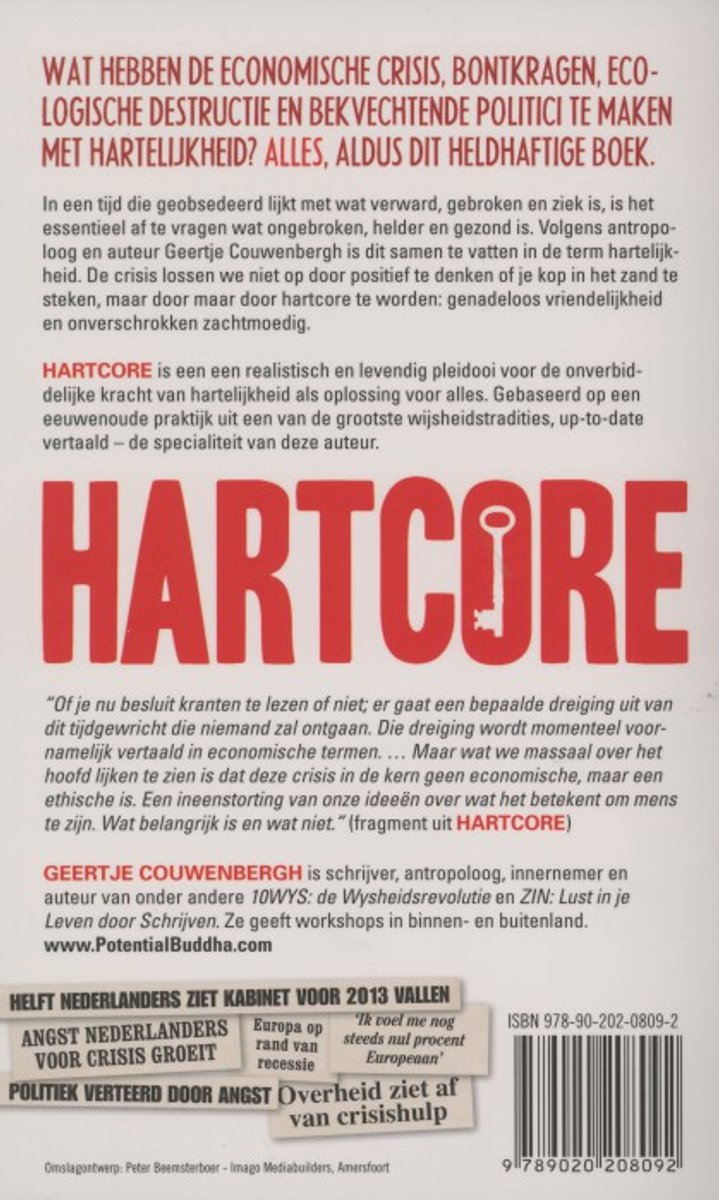 Achterkant van het boek 'Hartcore' met een sleutel-icoon.