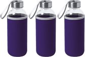 3x Stuks glazen waterfles/drinkfles met paarse softshell bescherm hoes 420 ml - Sportfles - Bidon