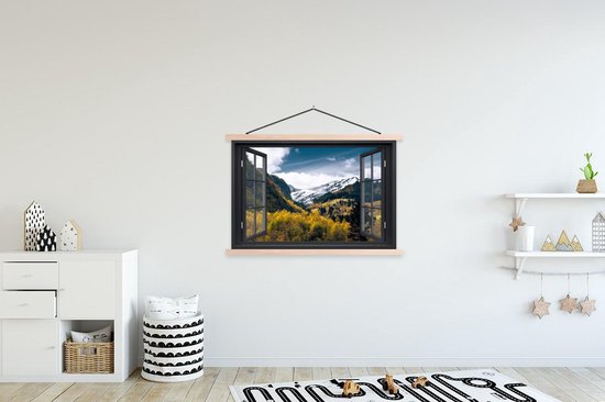 Posterhanger incl. Poster 120x80 cm - Schoolplaat - Doorkijk - Natuur - Sneeuw - Textielposter - Blanke latten