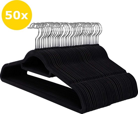 50 Anti-slip kleerhangers - Ultra-dun - Met Broeklat of Roklat - Zwart