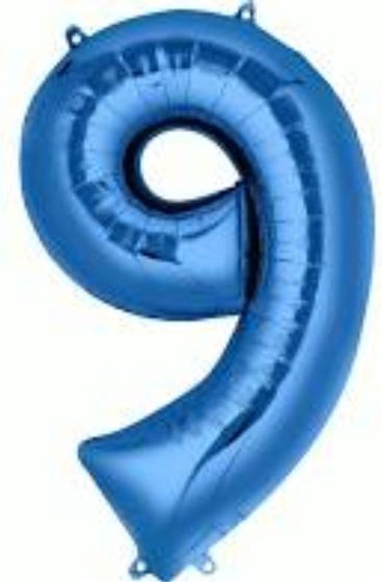 Folie ballon XL cijfer 9 blauw kleur is 1 meter  groot inclusief een flamingo sleutelhanger