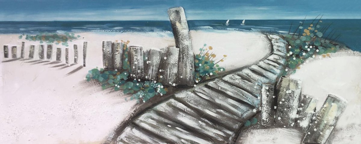 karo-art Schilderij - Handgeschilderd - Pad naar het strand, 60x150 Multikleur