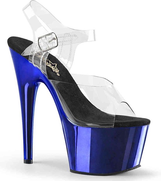 Pleaser - ADORE-708 Sandaal met enkelband, Paaldans schoenen - Paaldans schoenen - 42 Shoes - Blauw/Transparant