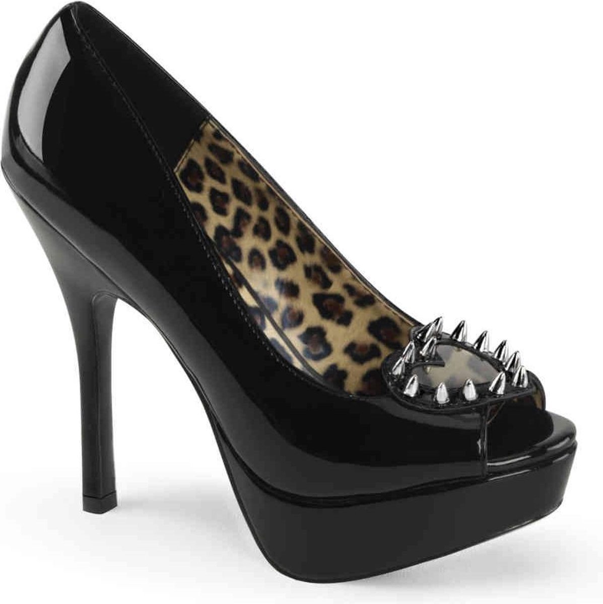 Demonia Pixie 17 peeptoe pump with heart cut out and spikes detail black patent = )