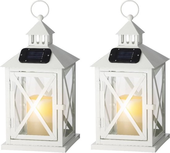 Set van 2x stuks witte metalen solar LED licht lantaarns met kaars 36 cm  -... | bol.com