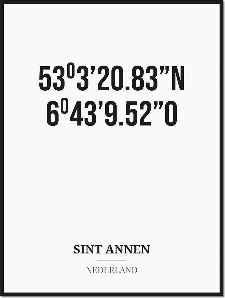Studio216 Poster/kaart SINT ANNEN met coördinaten zwart, wit