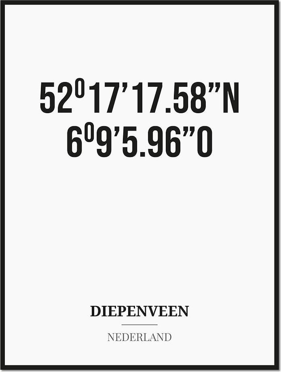 Studio216 Poster/kaart DIEPENVEEN met coördinaten zwart, wit