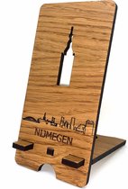 Skyline Telefoonhouder Nijmegen Eikenhout - Smartphone Tablet Houder 7x15 cm - iPad / iPhone / Smartphone tafel standaard desktop - Thuis werken - Cadeau - WoodWideCities