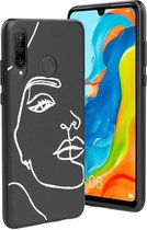 iMoshion Hoesje Geschikt voor Huawei P30 Lite Hoesje Siliconen - iMoshion Design hoesje - Wit / Zwart / Line Art Woman White