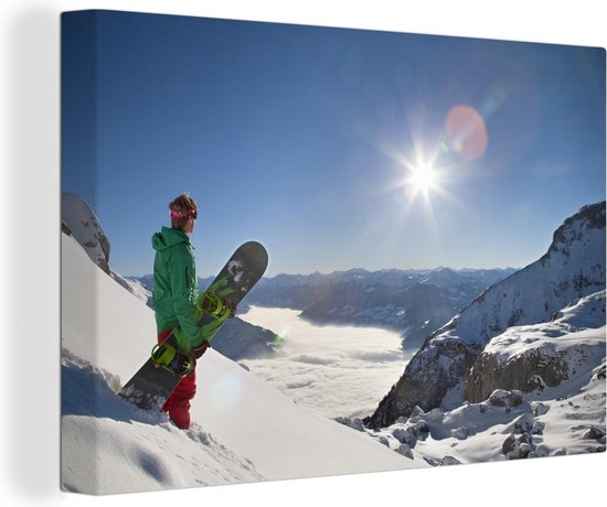 Bol Com Canvas Schilderij Snowboarden Een Snowboard Kijkt Met Zijn Board Uit Op De Bol Com Canvas Schilderij Snowboarden Een Snowboard Kijkt Met Zijn Board Uit Op De