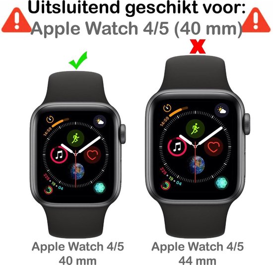 Vergelijking van een Apple Watch 40 mm (links, groen vinkje) met een 44 mm Apple Watch (rechts, rood kruis).