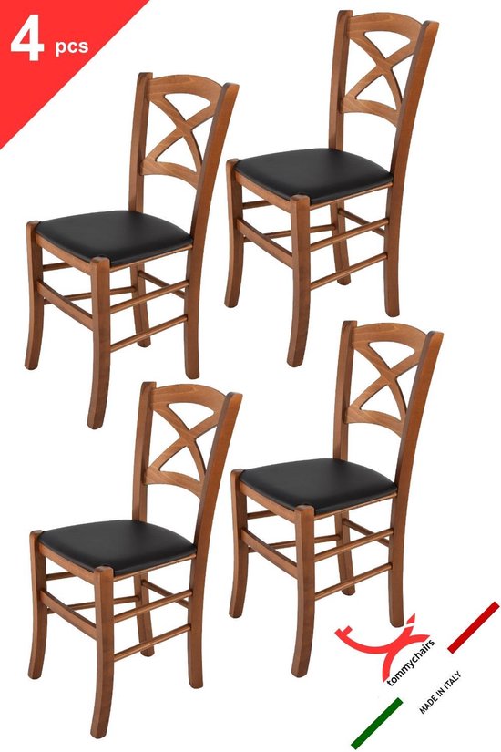 Tommychairs Cross - Eetkamerstoelen - Set van 4 - Licht Walnoot & Zwart - Kunstleer & Hout