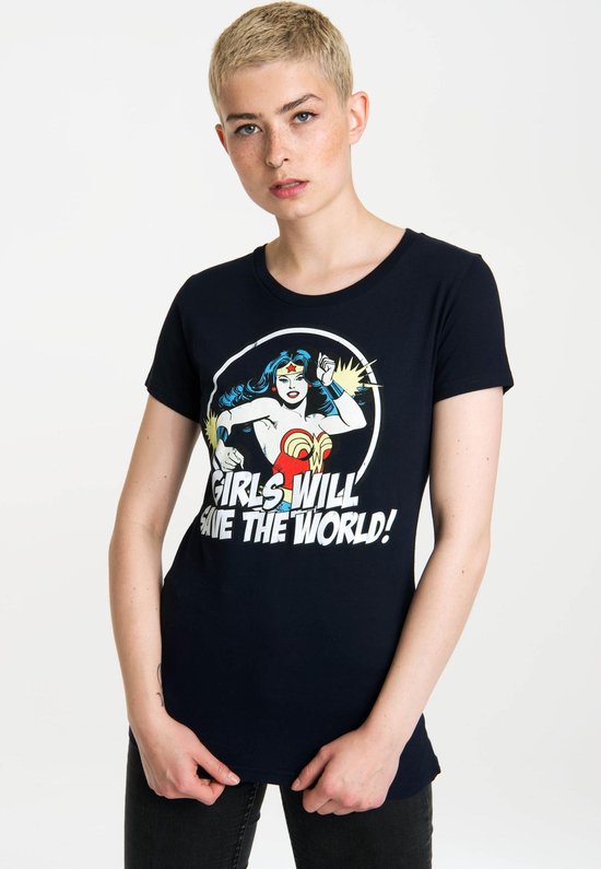 Logoshirt Vrouwen T-shirt Wonder Woman - DC Comics Girls Will Save The World - Shirt met ronde hals van Logoshirt - donkerblauw