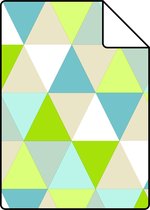 Proefstaal ESTAhome behangpapier driehoekjes limegroen, turquoise en beige - 138713 - 26,5 x 21 cm