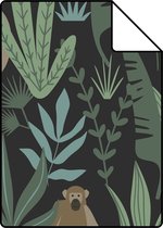 Proefstaal ESTAhome behangpapier jungle apen zwart, donkergroen en mintgroen - 139074 - 26,5 x 21 cm