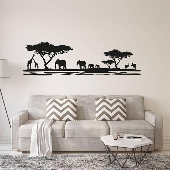 Muursticker Afrika Dieren - Zwart - 120 x 34 cm - woonkamer slaapkamer  dieren