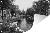 Tuindecoratie Zomerse gracht in Amsterdam - zwart wit - 60x40 cm - Tuinposter - Tuindoek - Buitenposter