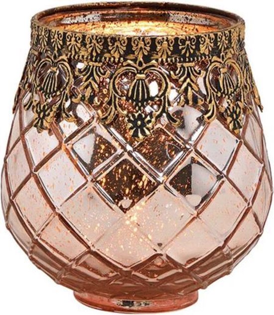 Glazen design windlicht/kaarsenhouder in de kleur rose goud met formaat 13 x 14 x 13 cm - Voor waxinelichtjes
