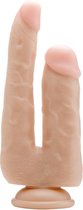 RealRock – Siliconen Strap-on voor Dubbel Plezier met Cockring en Testikel Ring - beige