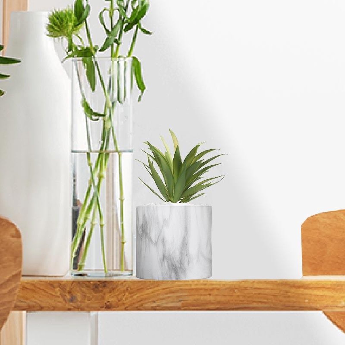 18 cm kunstmatige vetplant met marmeren pot - Pierre|Dolomite|Polyéthylène PE - Wit - SILUMEN