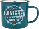 Mok - Top vent - Tuinieren - Tuinman - Geëmailleerd - Gevuld met een verpakte toffeemix - In cadeauverpakking