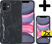 Hoes voor iPhone 11 Hoesje Marmer Case Zwart Hard Cover Met 2x Screenprotector - Hoes voor iPhone 11 Case Marmer Hoesje Met 2x Screenprotector - Zwart