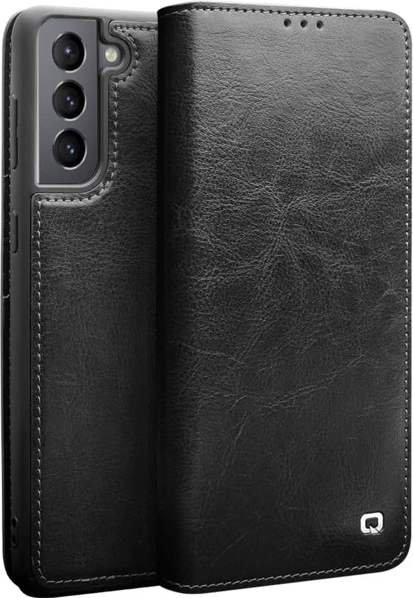 Qialino Genuine Leather Boekmodel hoesje Samsung S21 Zwart