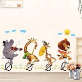 Cartoon Dier Bicyling Muursticker Leeuw Giraffe Sticker Kinderkamer Slaapkamer Achtergrond Muur Ornament Stickers