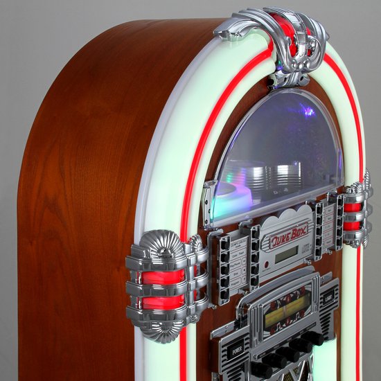Houten jukebox met lichtgevende randen, chrome accenten, en "JUKE BOX" logo. Knop "POWER" en "LIGHT" zichtbaar.