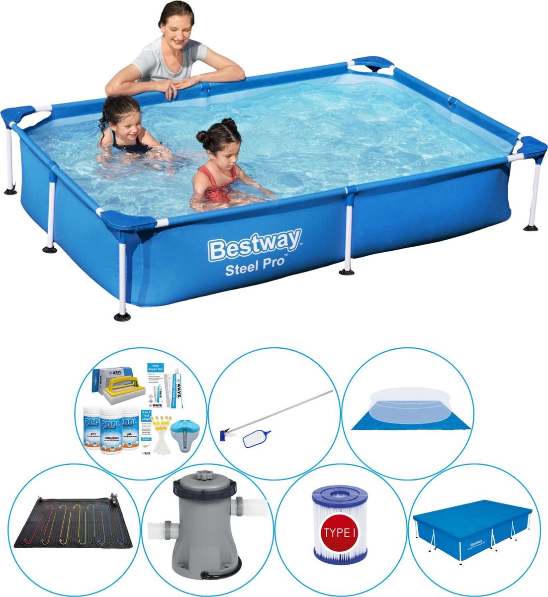 Steel Pro Rechthoekig Zwembad - 221 x 150 x 43 cm - Blauw - Inclusief Accessoires - Voordeelpakket