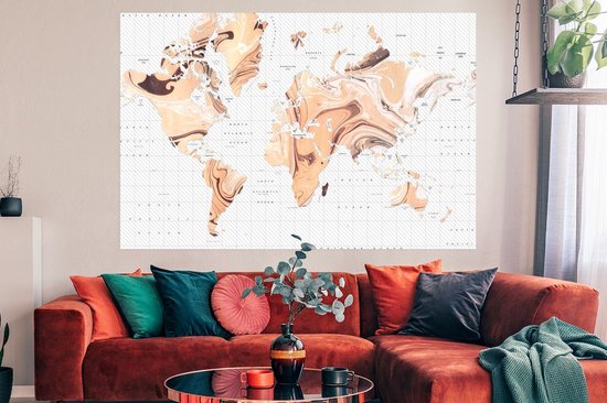 Wereldkaart d'un élégant motif couleur sable sur fond avec degrés de longitude et de latitude 180x120 cm