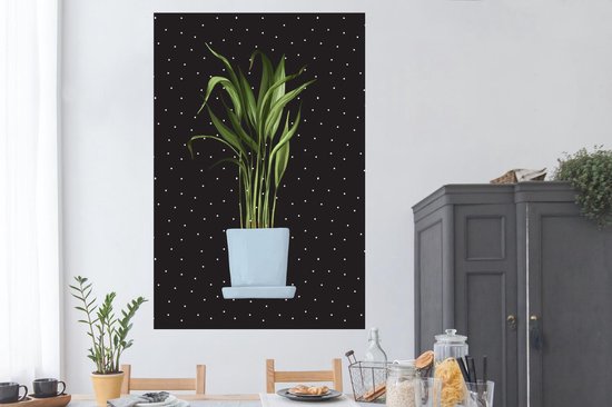 Illustration d'une plant aux longues feuilles fines sur fond noir à pois blancs 120x180 cm XXL / Groot format!