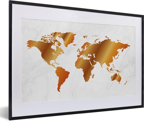 Wereldkaart met een gouden overloop fotolijst zwart met witte passe-partout