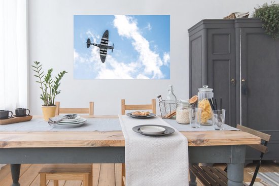 Un avion Spitfire d'en bas avec un poster ciel nuageux 120x80 cm - Tirage photo sur Poster (décoration murale salon / chambre)