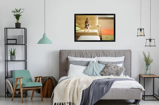 Photo encadrée - Chat sautant du canapé cadre photo noir sans passe partout 90x60 cm - Affiche encadrée (Décoration murale salon / chambre)