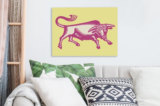 Une illustration d'un taureau rose sur toile 40x30 cm - petit - Tirage photo sur toile (Décoration murale salon / chambre) / Peintures sur toile Animaux de la ferme