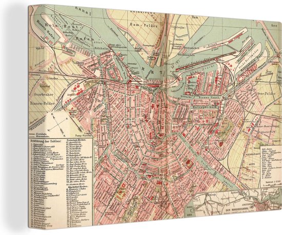 Plan de la ville historique de la capitale Amsterdam Canvas - Plan d'étage 120x80 cm - Tirage photo sur toile (Décoration murale salon / chambre)
